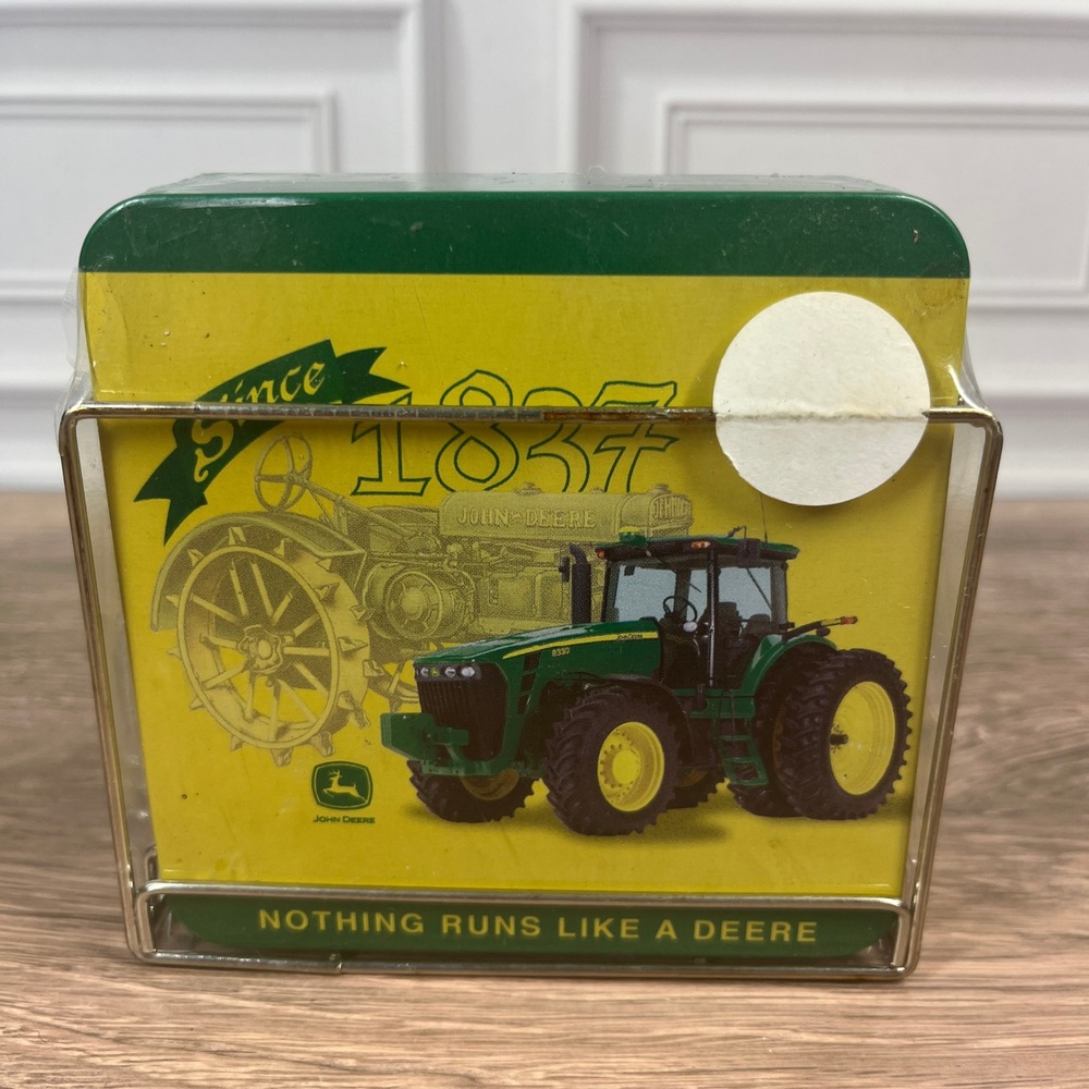 John Deere Coaster Set Yellow Green Tin Cork Backing 4pc with Metal Rack